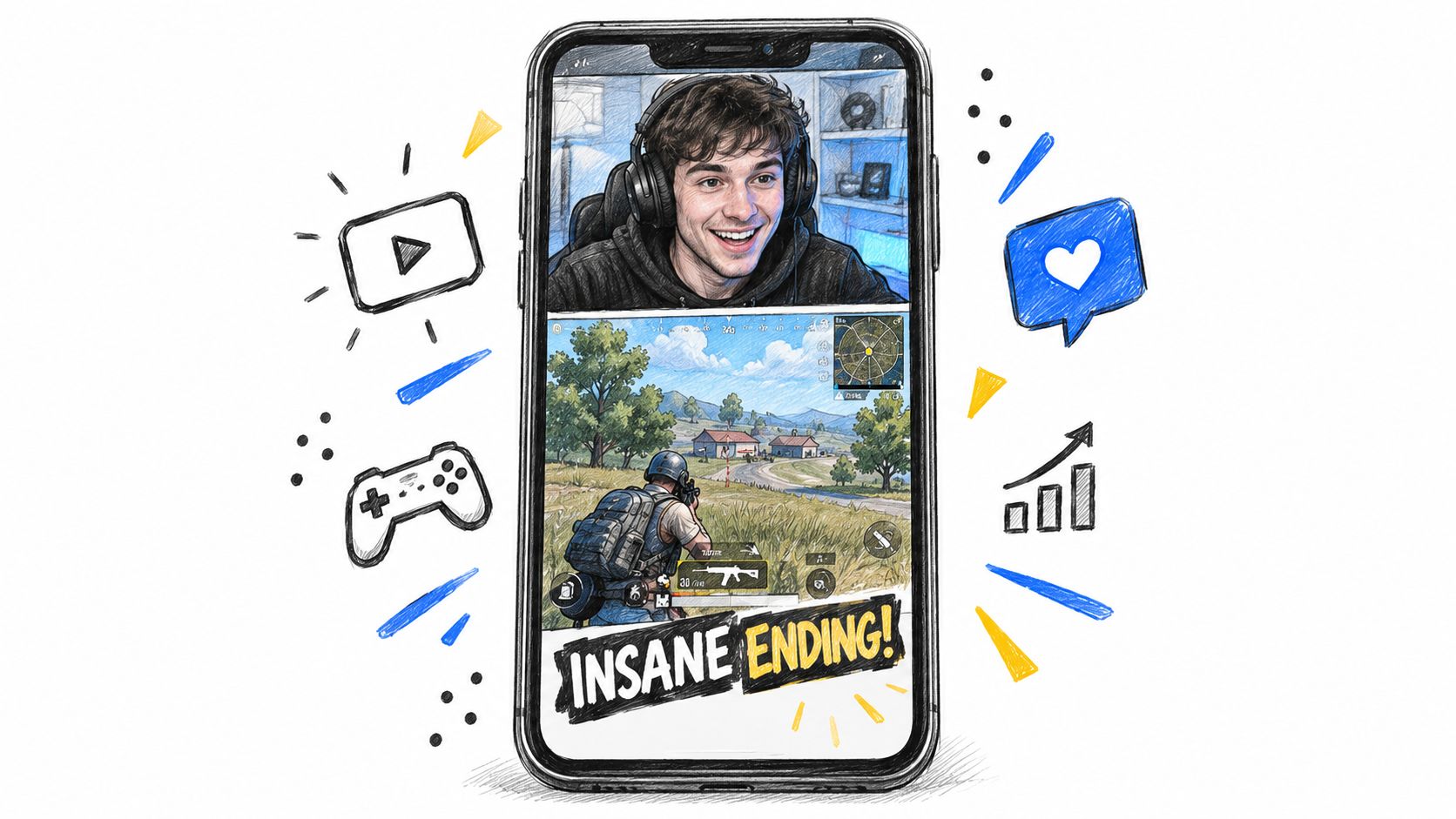 A smartphone screen showing a gaming streamer and mobile gameplay with an engaging video title overlay.