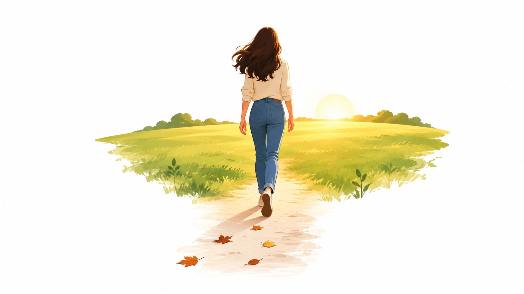 A young woman walking away along a path through a golden field towards a sunset sky
