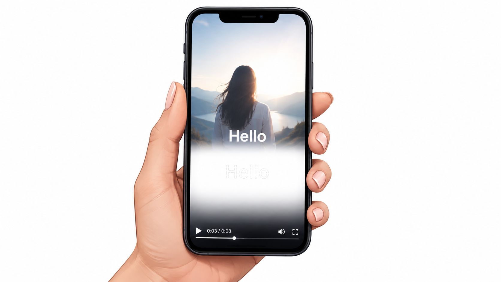 A human hand holds a smartphone displaying a video with the on screen text Hello.