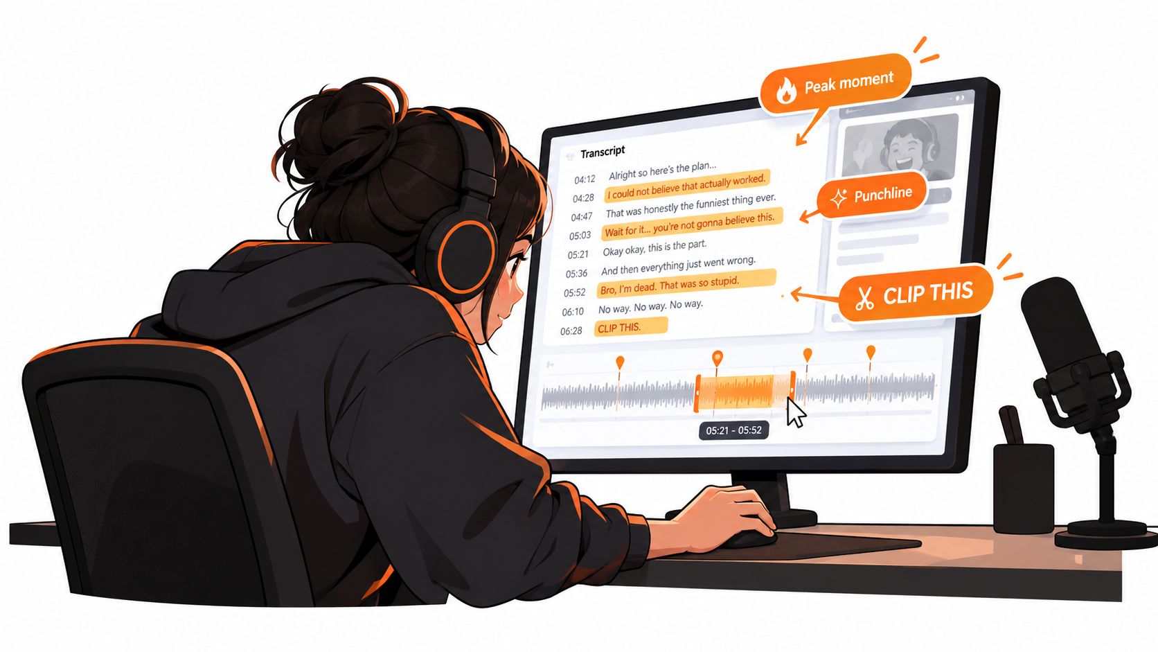 A digital illustration of a streamer using video editing software to create clips from their content.