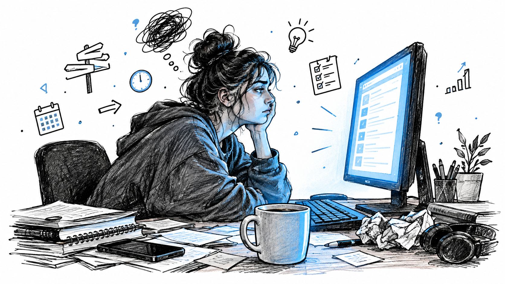 An exhausted woman working at a messy desk on a computer, surrounded by productivity and stress icons.