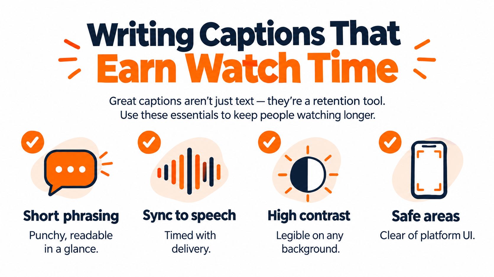 An infographic detailing four essential tips for creating effective video captions to improve viewer retention.