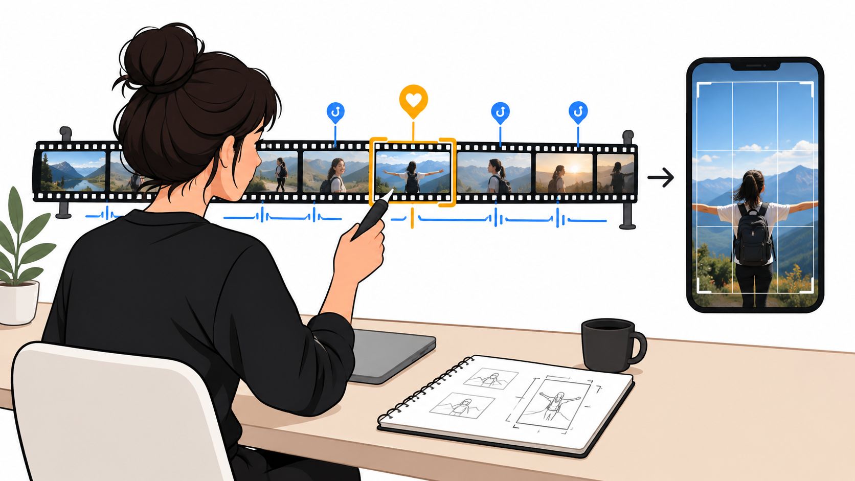 A person editing video content on a computer while reviewing storyboard sketches on their desk.