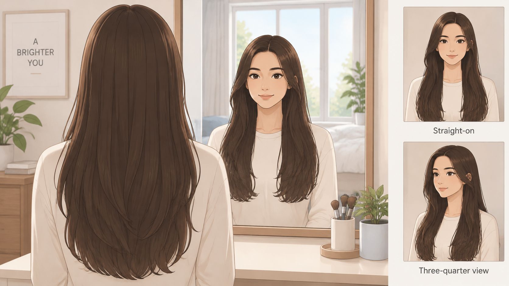A woman looks at her long brown hair in the mirror to visualize a potential new hairstyle.
