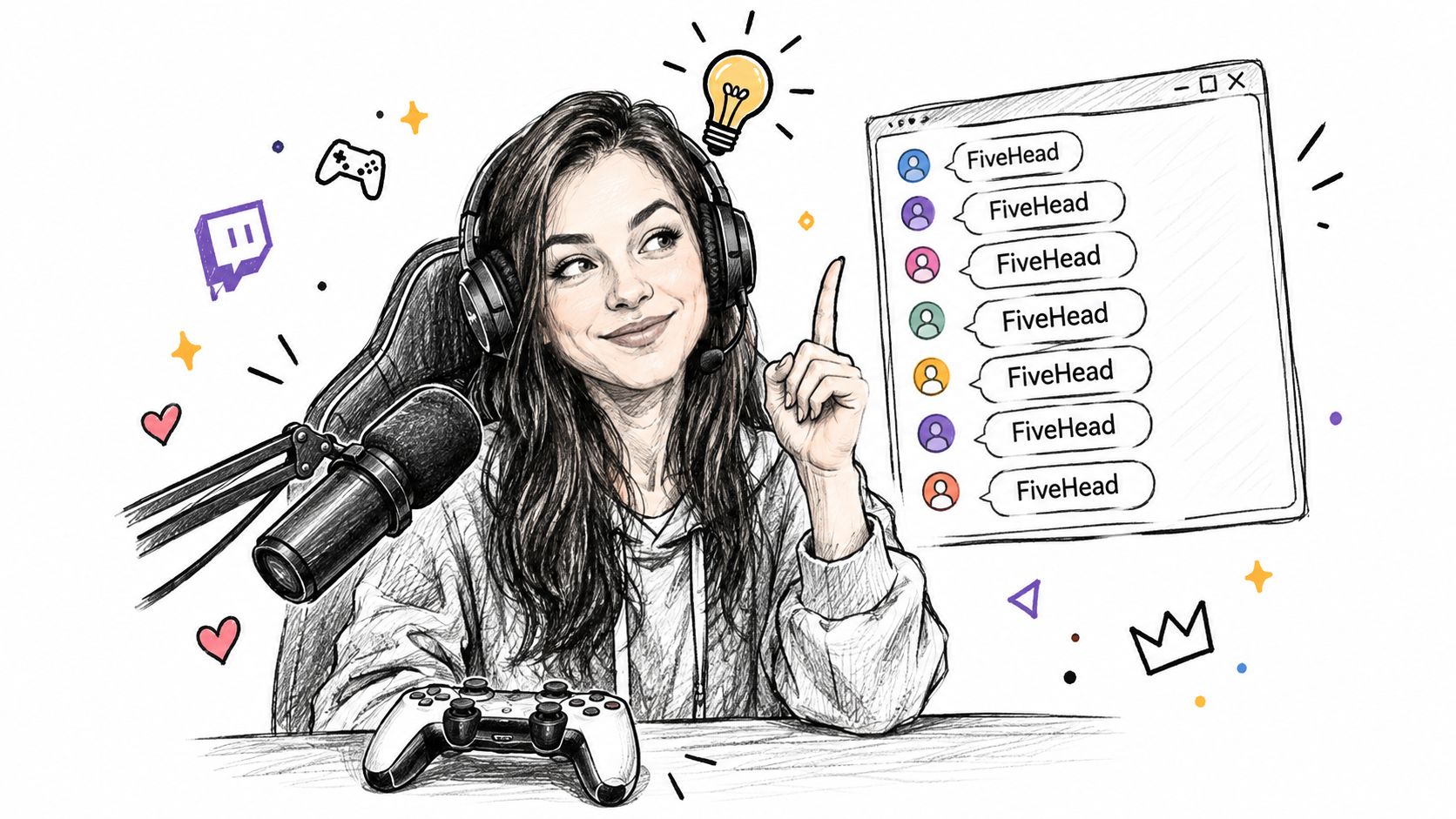 A digital sketch of a female streamer wearing headphones with a chat window displaying FiveHead messages