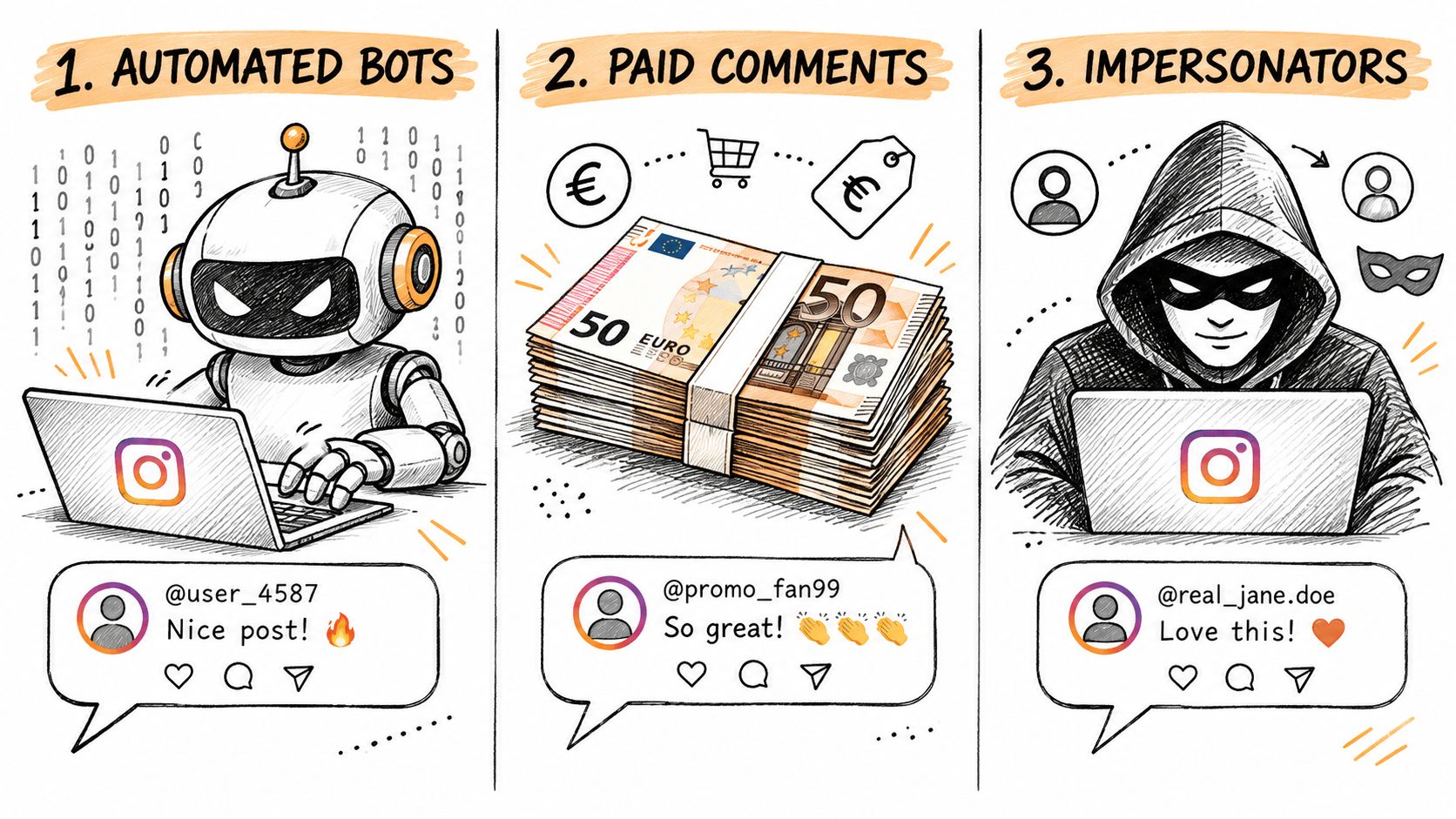 A hand-drawn illustration depicting three common sources of fake engagement on Instagram: automated bots, paid comments, and impersonators.