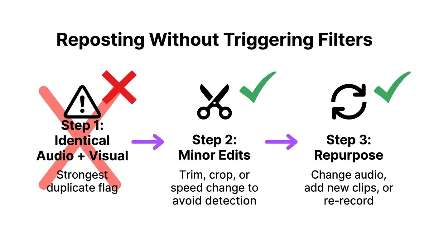 A diagram outlining three steps to avoid detection when reposting content to social media platforms.