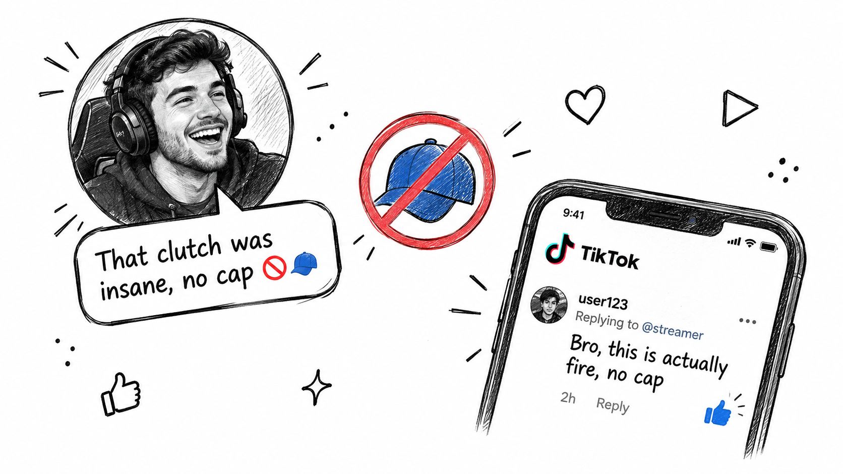 A hand-drawn illustration showing the slang phrase no cap with emojis explaining its meaning for viewers.