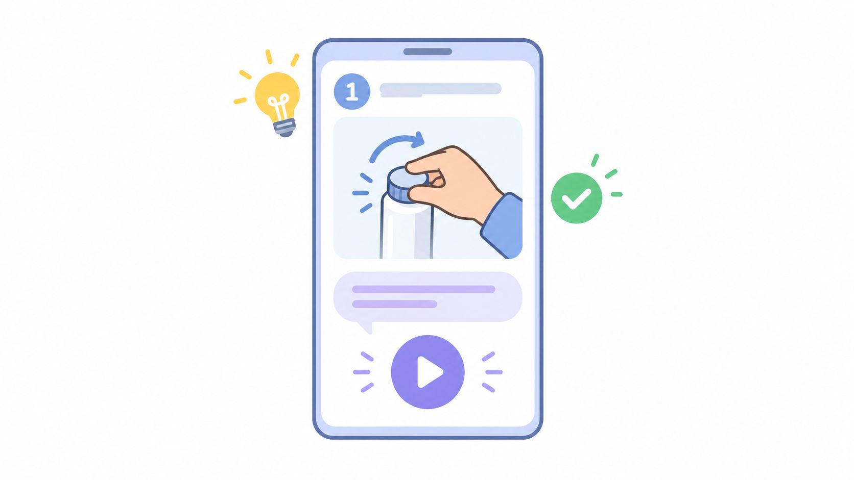 A digital illustration of a smartphone screen showing a tutorial video on how to open a bottle.