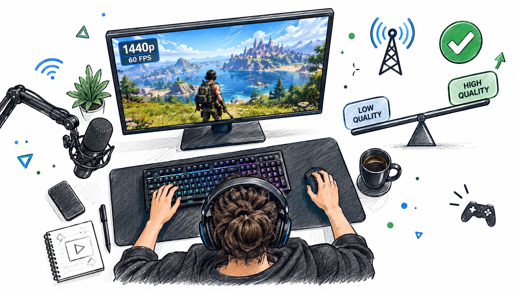 A digital illustration of a gamer playing on a high-quality 1440p monitor setup with professional recording equipment.