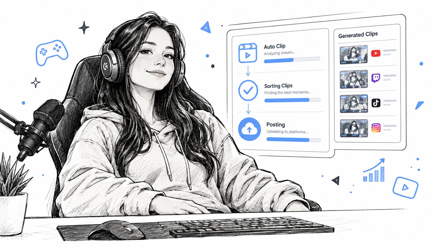 A digital illustration of a female gamer sitting at her desk with an automated streaming workflow interface.