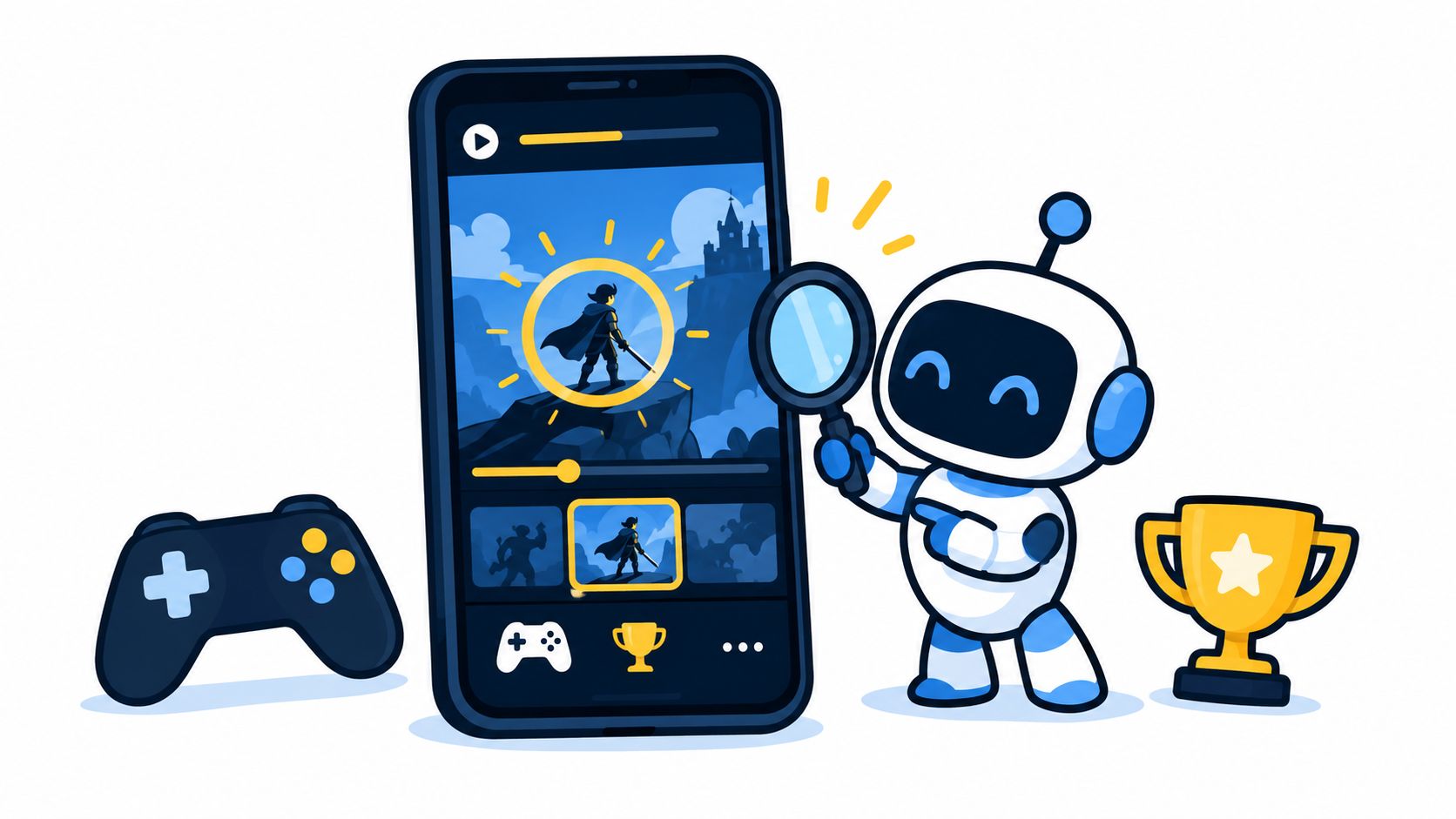A friendly robot holds a magnifying glass next to a smartphone showing gaming video content.