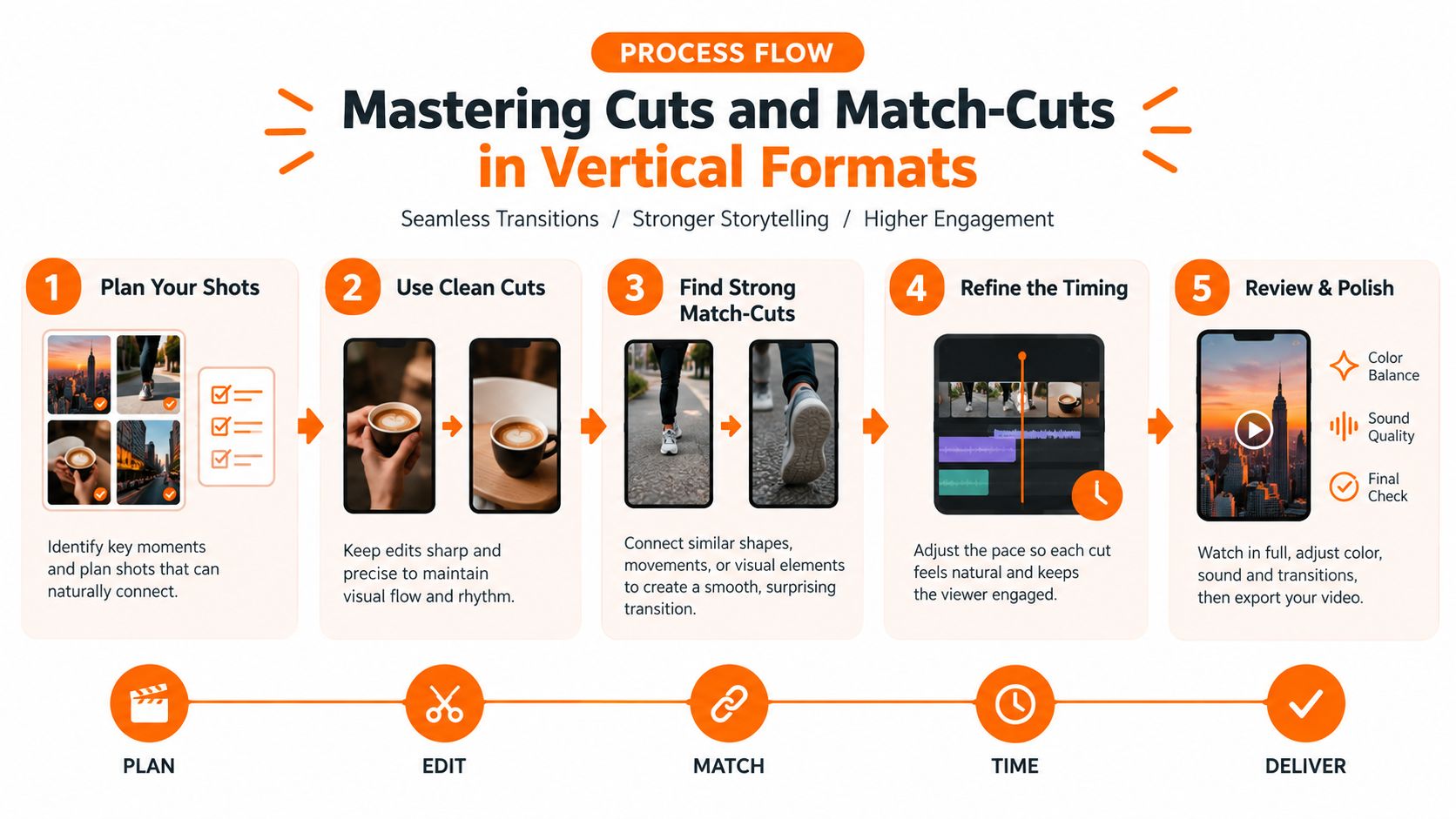 A five-step process flow infographic for mastering cuts and match-cuts in vertical video content creation.