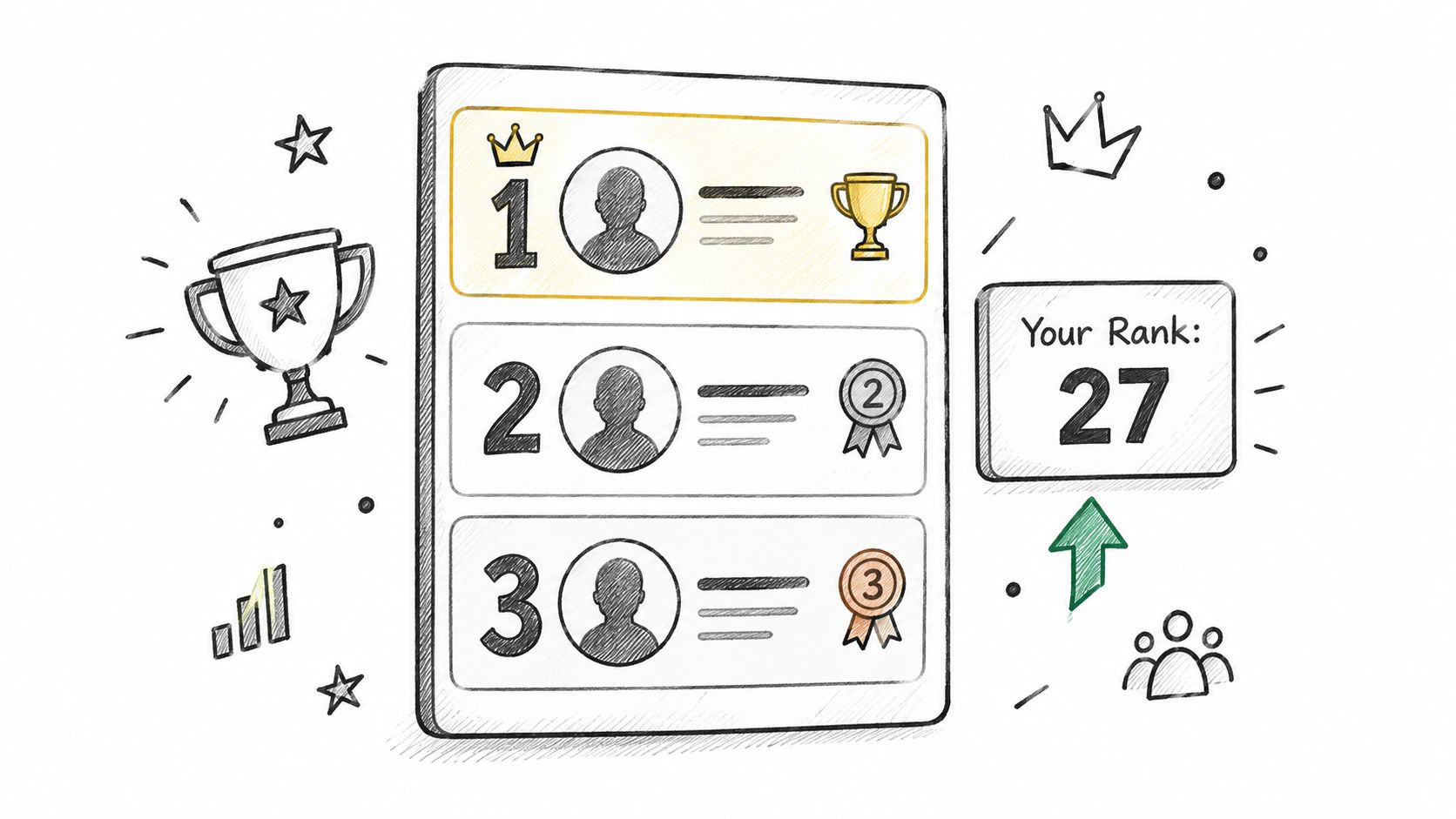 A hand-drawn illustration showing a leaderboard with top three positions and a separate box indicating rank 27.