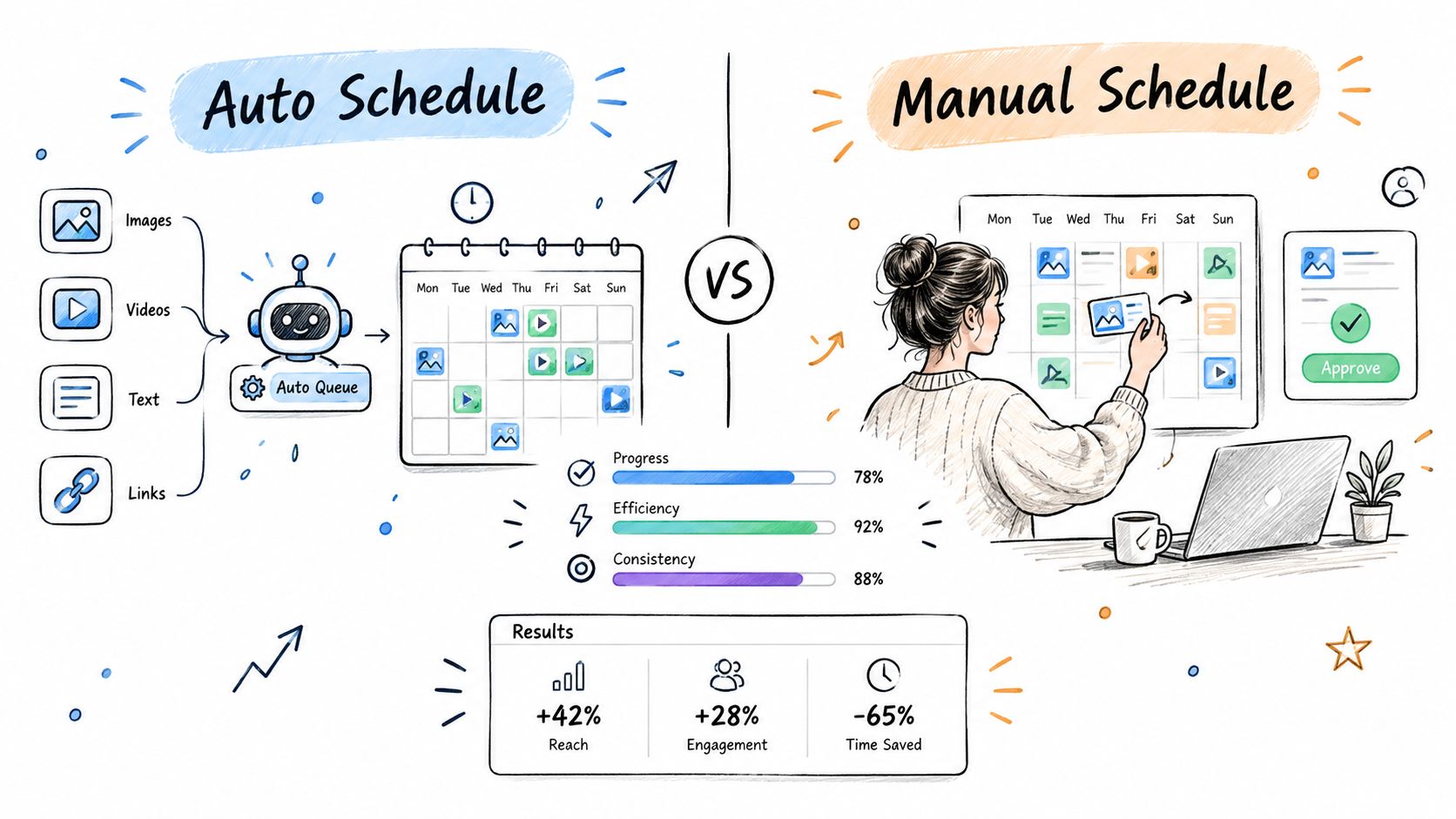A diagram comparing auto schedule and manual schedule workflows with performance metrics and results for social media management.