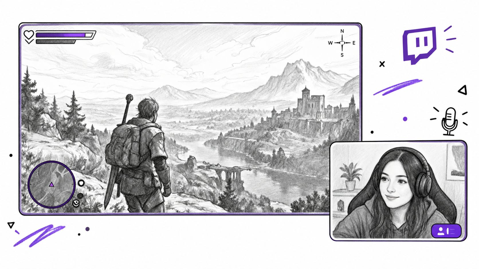 A sketched illustration of a Twitch streaming overlay featuring a fantasy game landscape and a streamer's webcam feed.