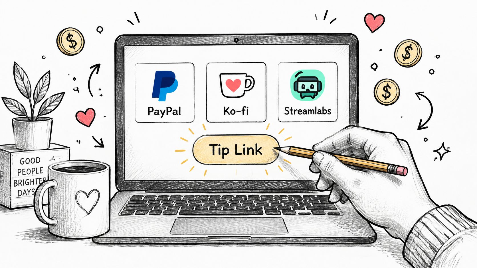 A hand holding a pencil points to a glowing Tip Link button on a laptop screen with donation icons.