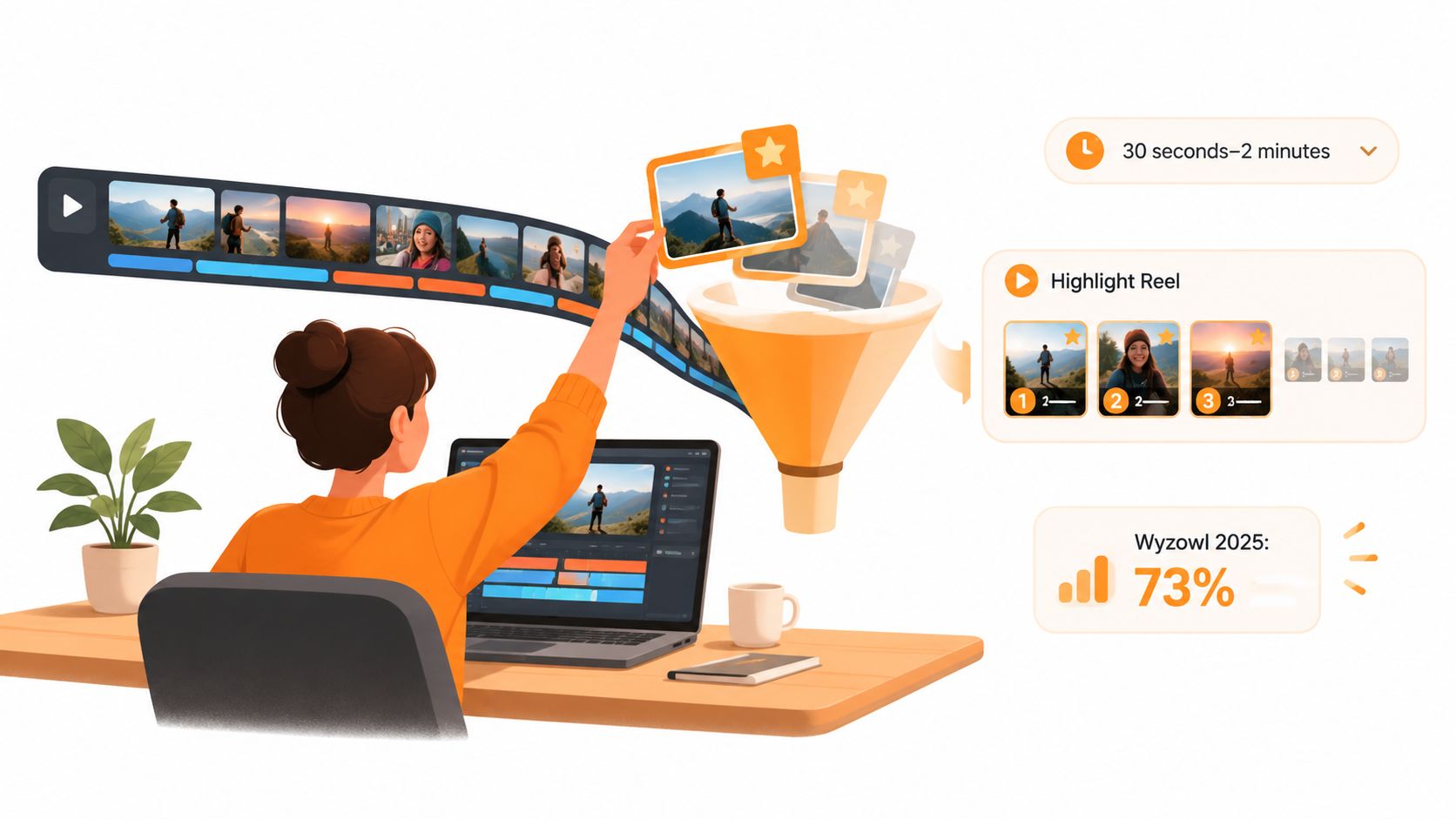A digital artist uses a funnel to select and organize video clips into a highlight reel on laptop.