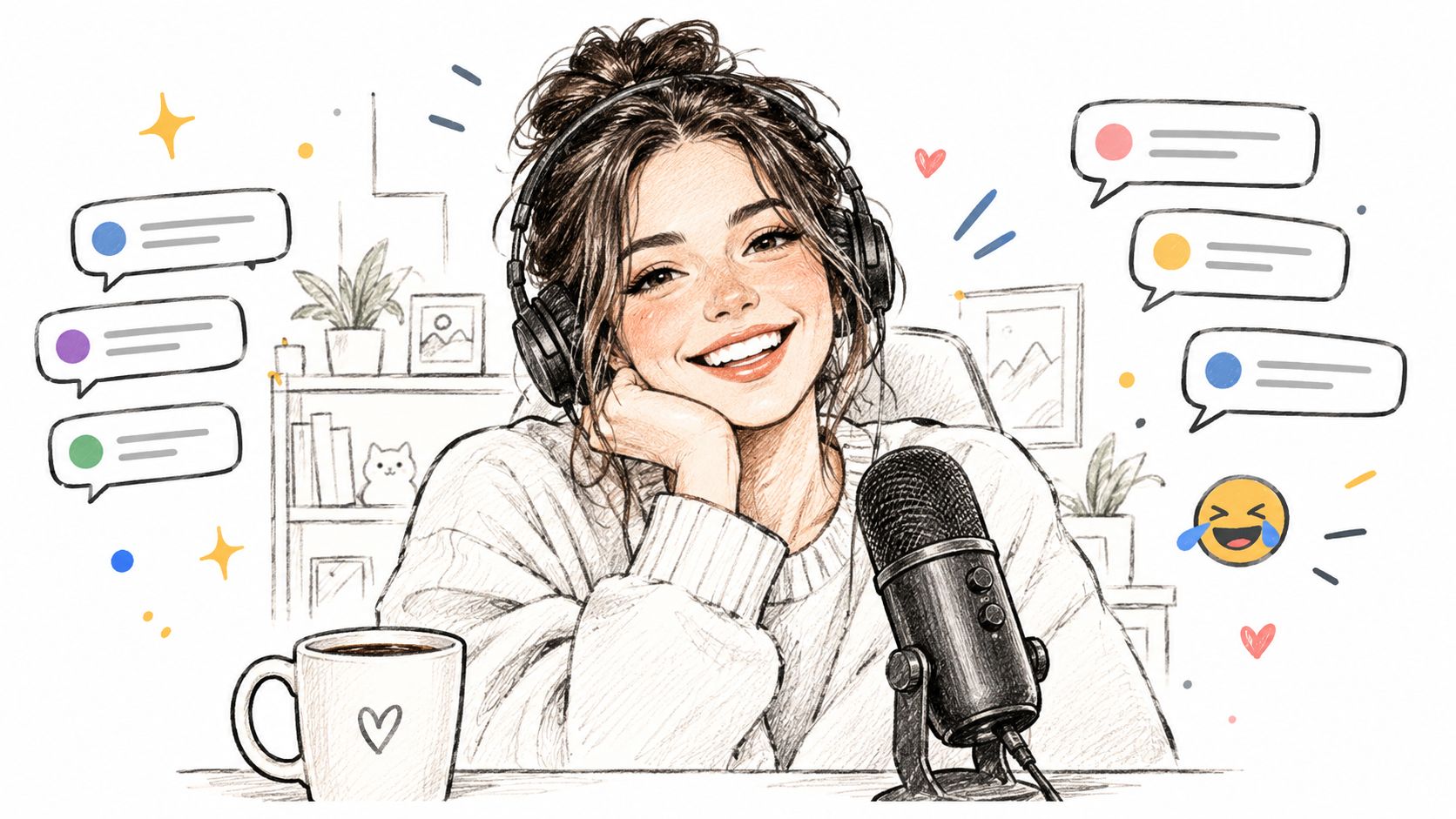 A smiling young woman wearing headphones, sitting at a desk with a microphone and streaming chat bubbles.