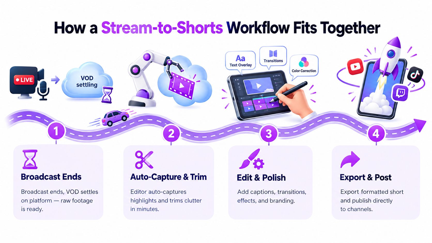 A diagram illustrating a four-step stream-to-shorts workflow for converting live broadcast content into short-form social media videos.