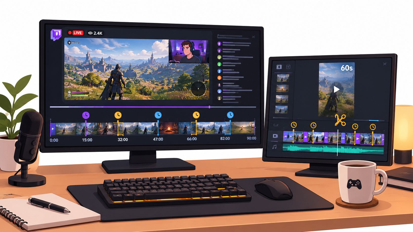 A modern gaming workspace with two monitors displaying video editing software for content creation on a desk.