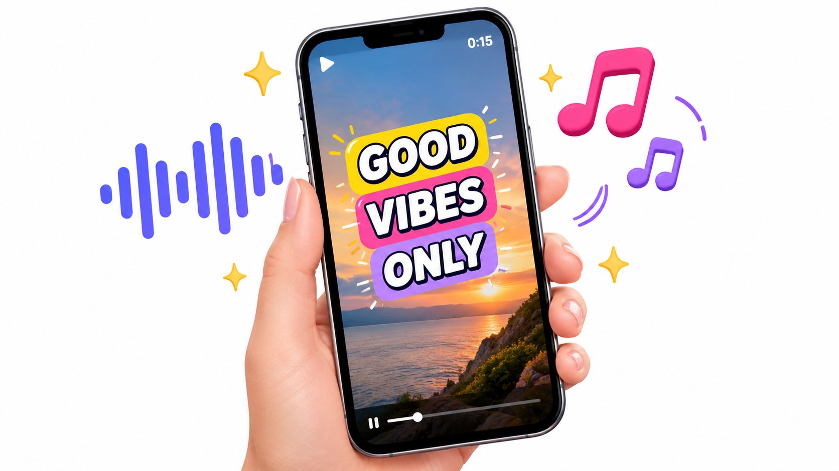 A person holding a smartphone displaying a video with the text Good Vibes Only over a sunset.