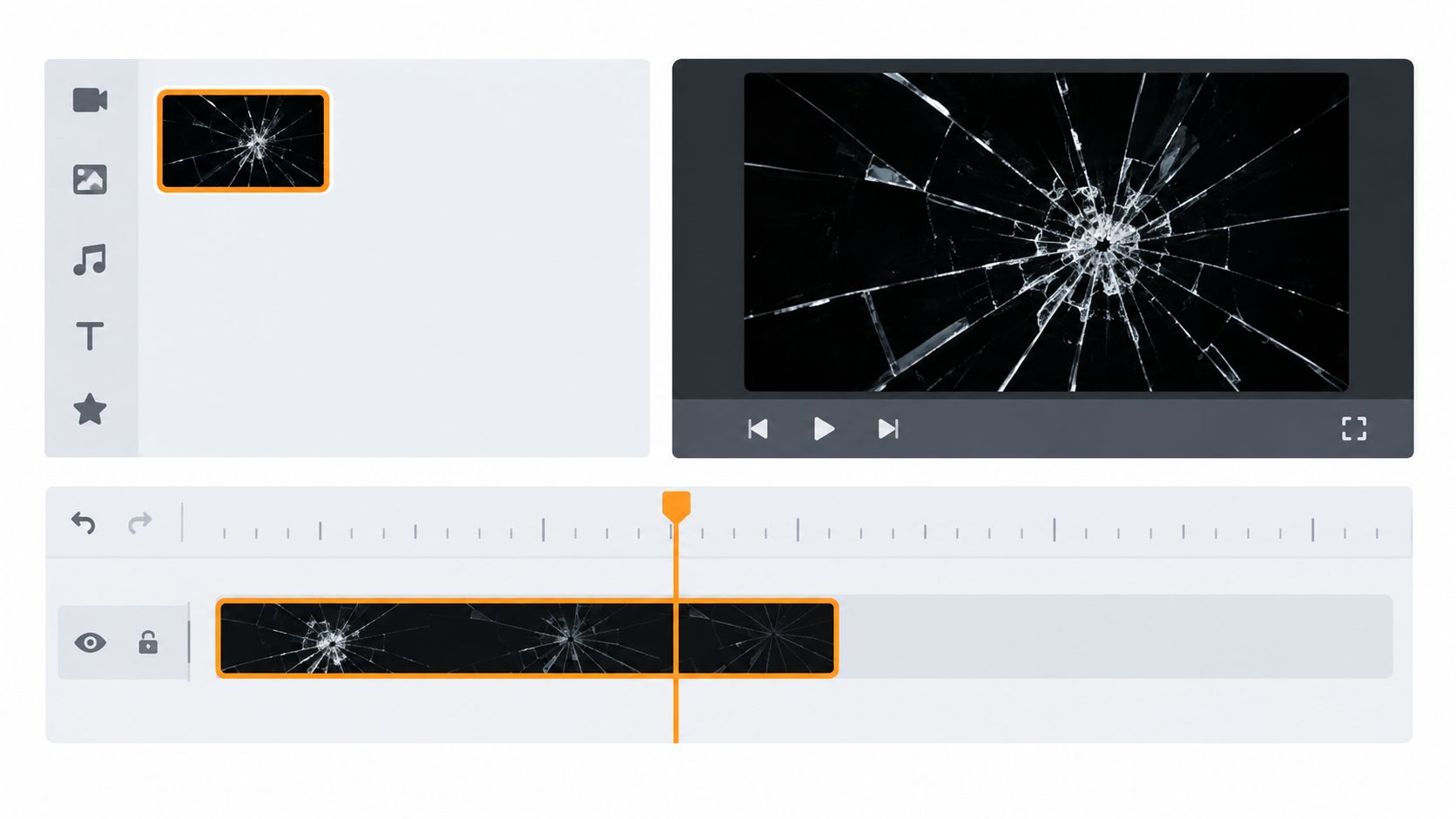 A digital video editing interface showing a timeline with a shattered glass effect overlay on footage.