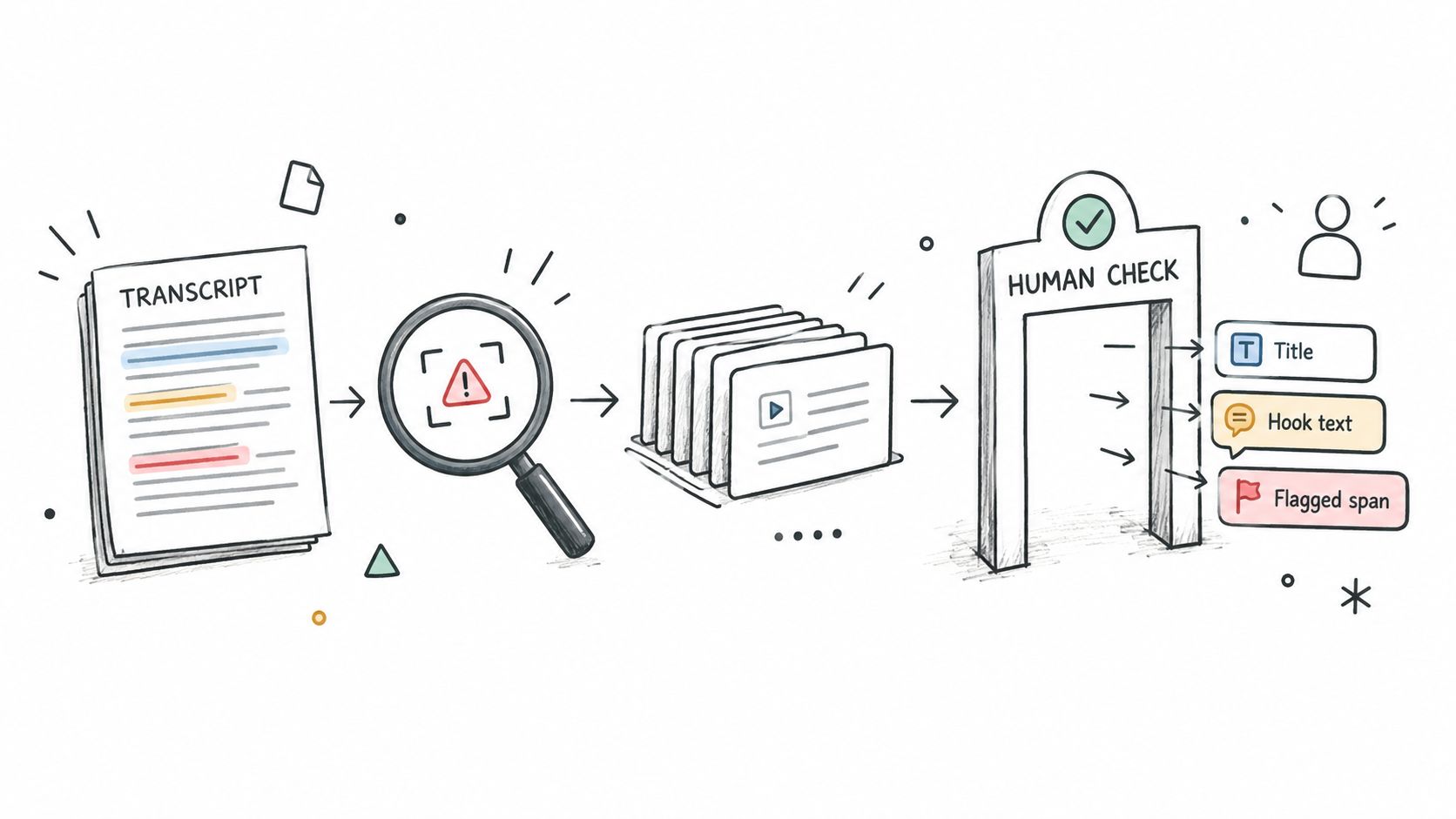 An illustration showing a transcript being scanned for issues and reviewed by a human for content moderation.