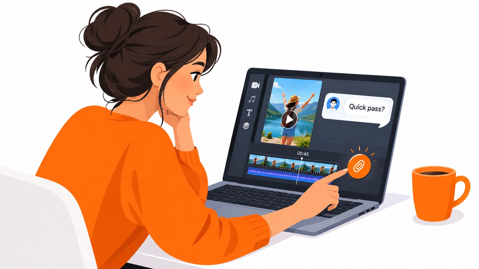 An illustration of a young woman editing a video on her laptop while sharing it via a link.