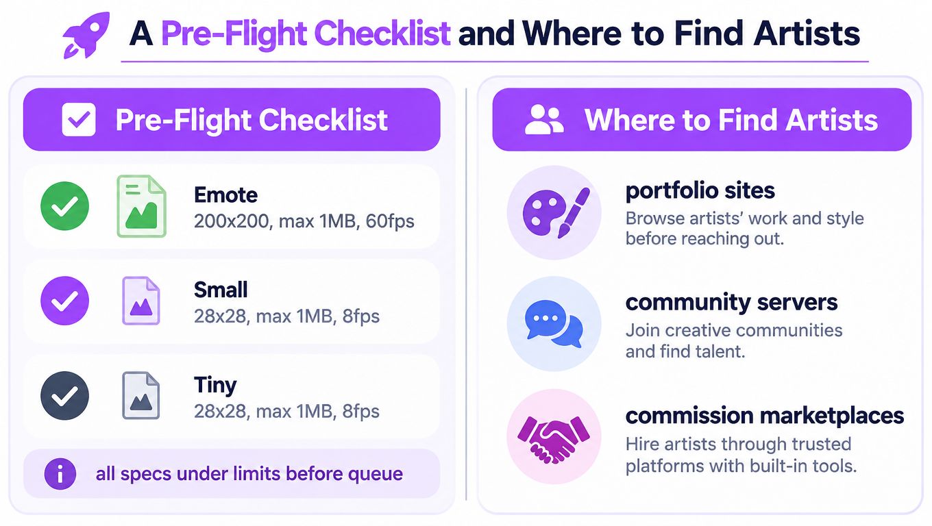 A checklist for Twitch animated emotes showing file specifications alongside tips for finding freelance artists.
