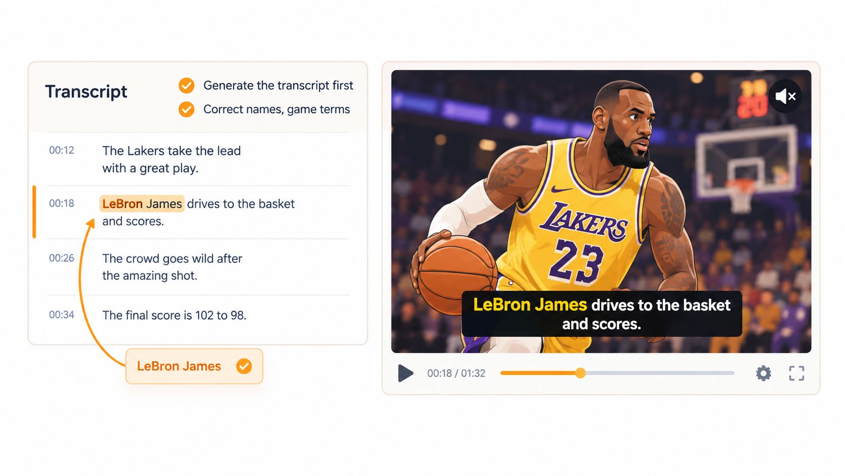 A digital interface showing video editing software used to add and correct captions for a basketball highlight.