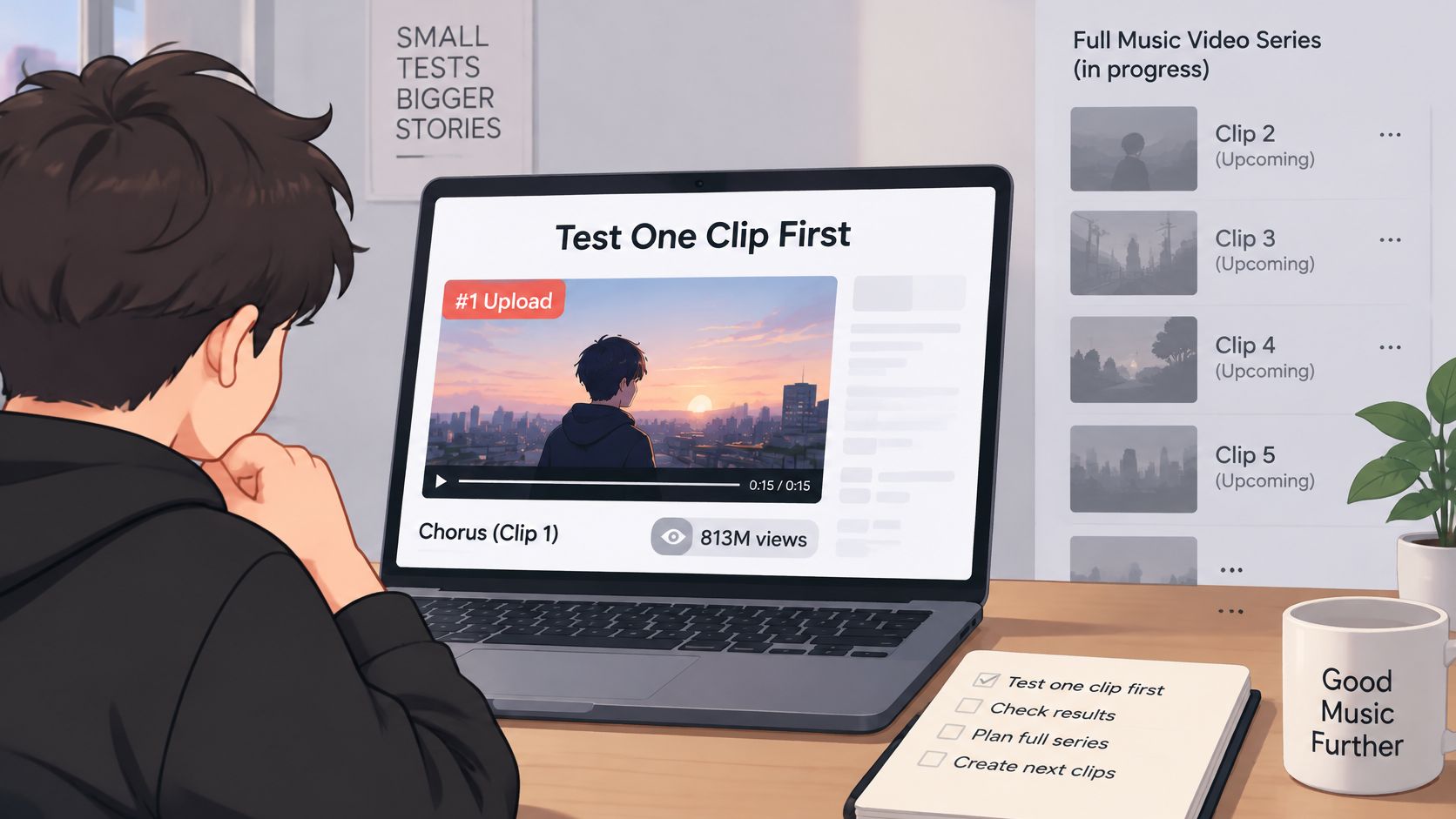 An illustration of a young person watching a music video clip on a laptop while following a task list.