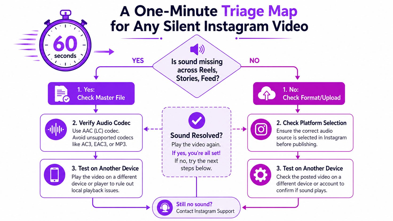 A colorful infographic flowchart titled A One-Minute Triage Map for Any Silent Instagram Video explaining troubleshooting steps.