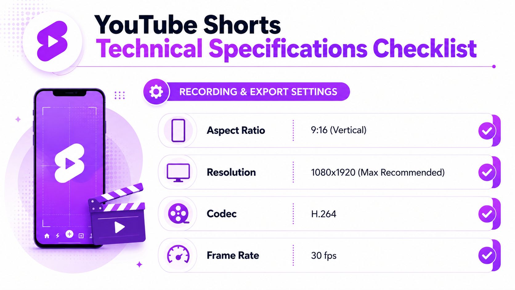 A technical specification checklist for creating YouTube Shorts, including recommended aspect ratio, resolution, codec, and frame rate.