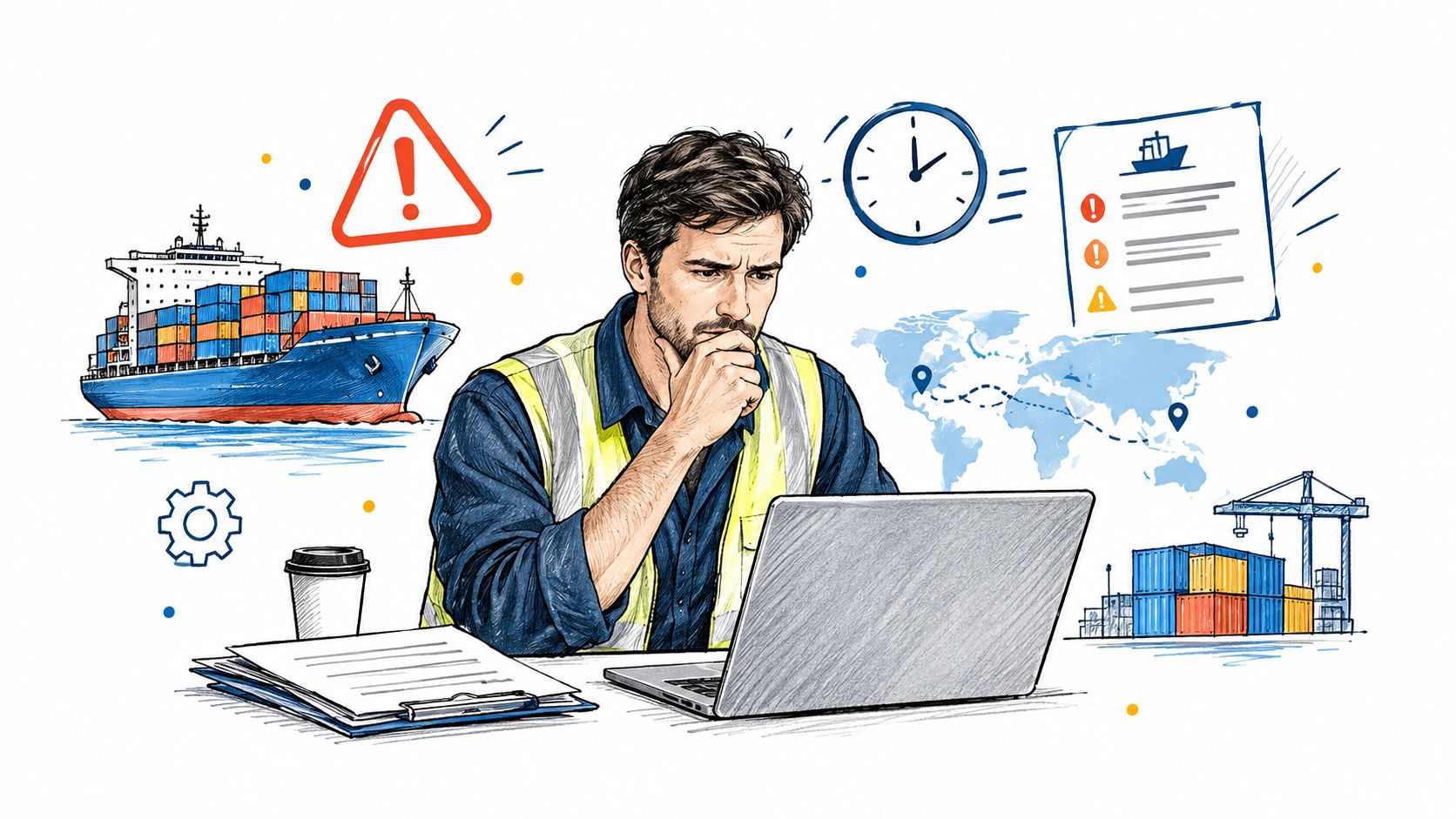 A logistics professional wearing a safety vest works on a laptop, surrounded by icons of ships, containers, and global maps.
