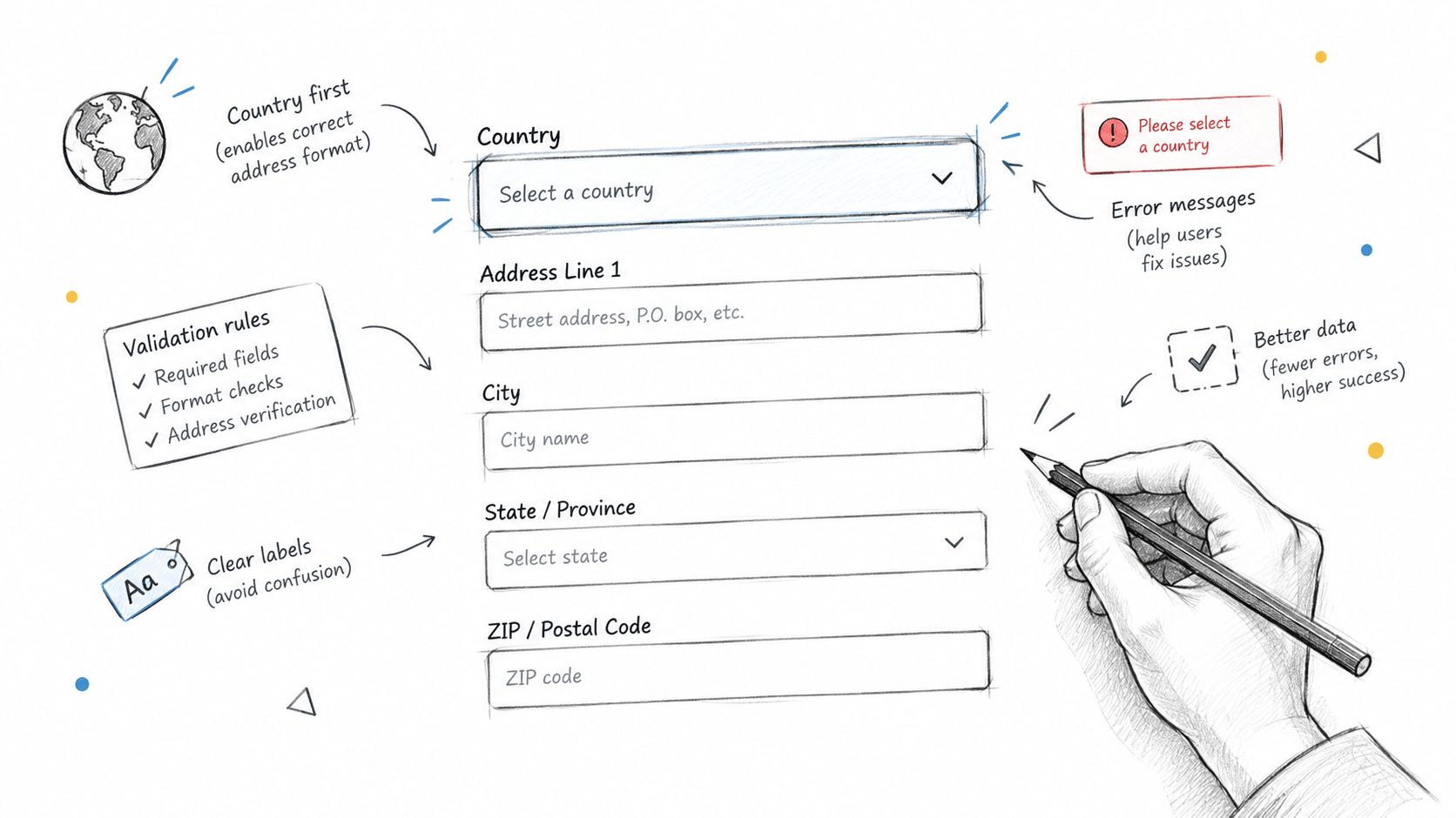 A hand-drawn illustration depicting a well-designed address verification form with clear labels and validation rules for better data quality.