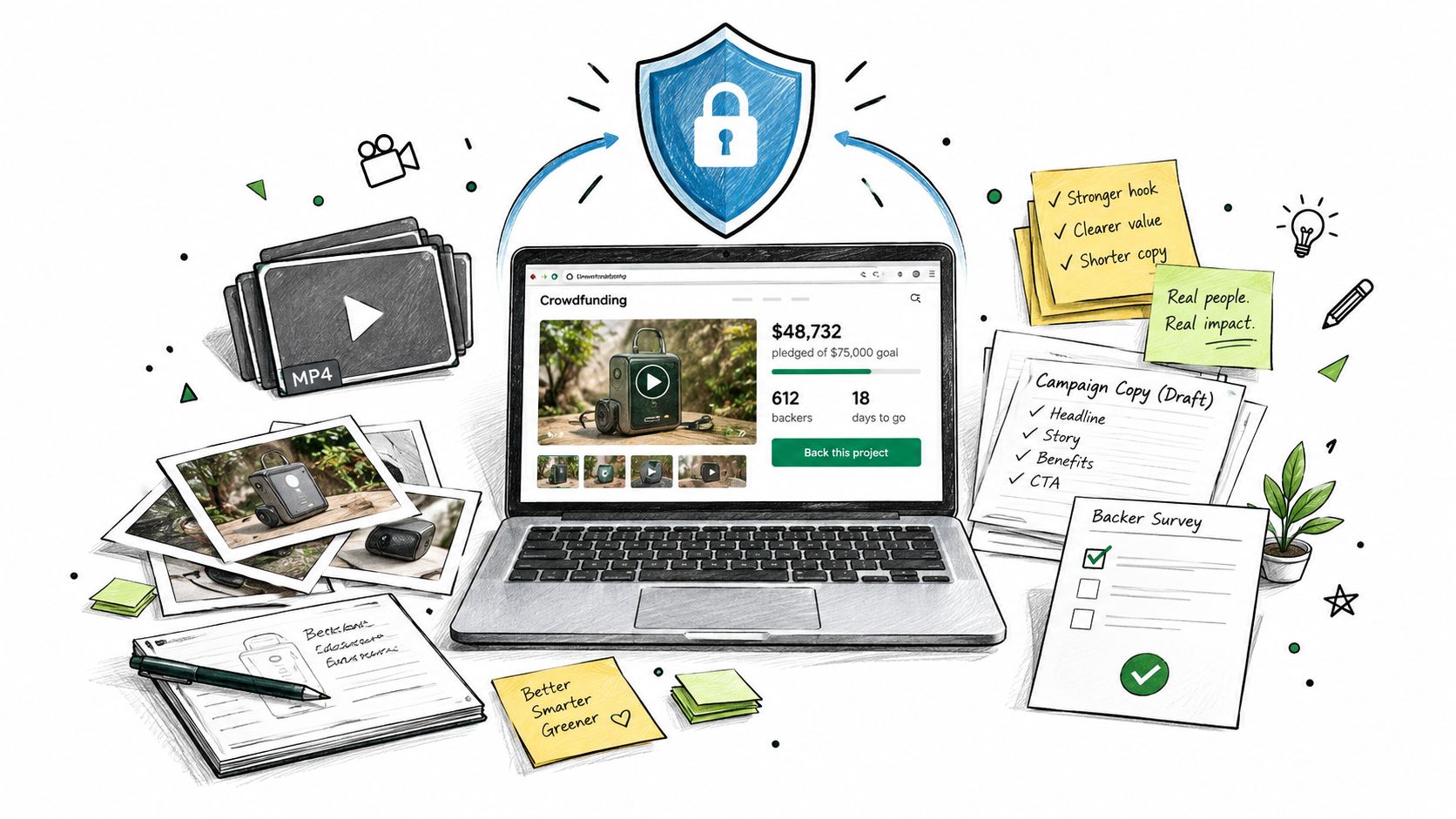 A hand-drawn illustration depicting a laptop displaying a crowdfunding campaign page surrounded by planning notes and digital assets.