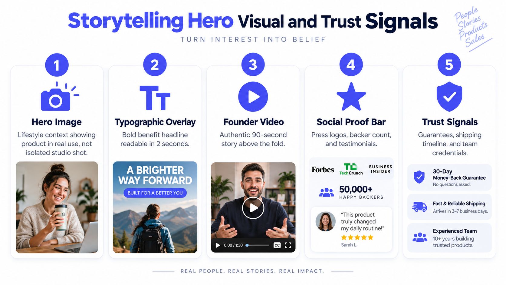 A five-step guide infographic for crowdfunding campaign design featuring hero images, typography, founder videos, social proof, and trust signals.