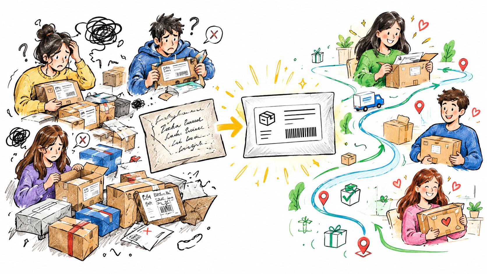 An illustration showing the difference between disorganized mail delivery and a streamlined address validation software process.