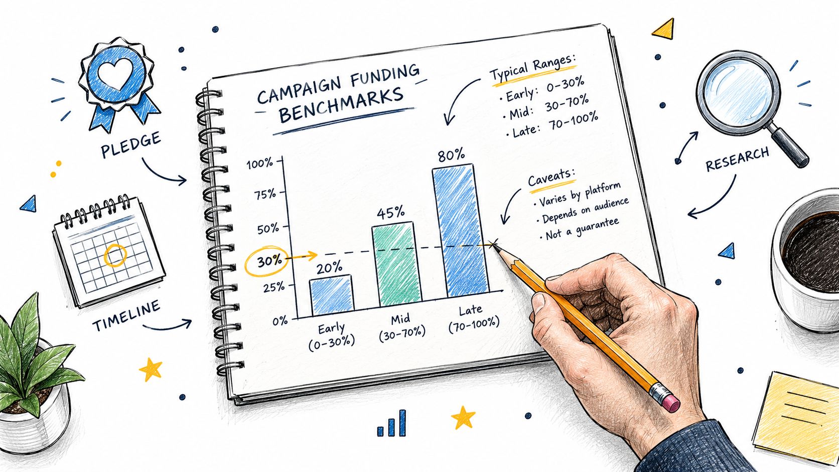 A hand drawing a bar chart of campaign funding benchmarks on a notebook on a desk.