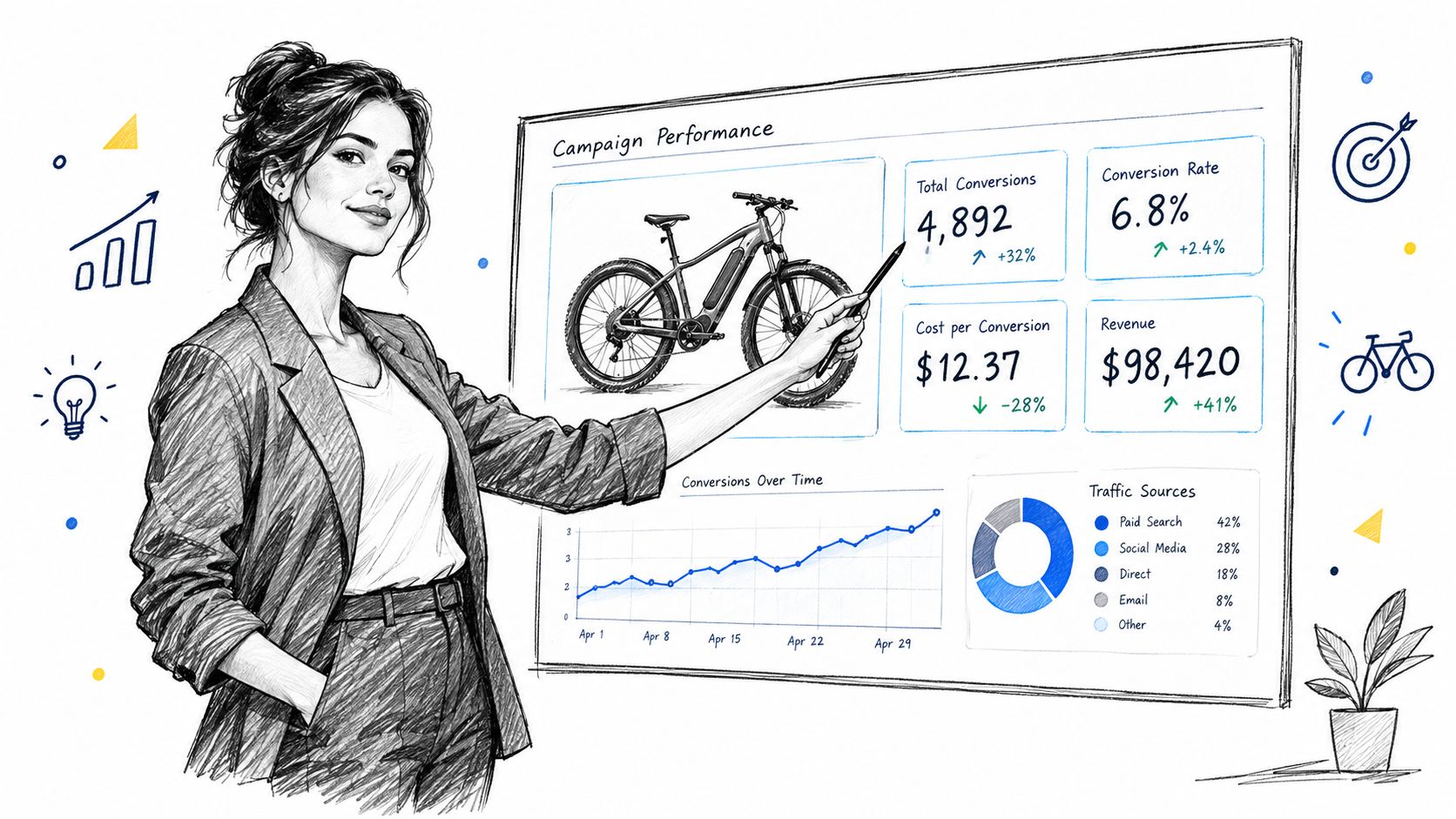 A professional woman presenting marketing performance data for an electric bicycle campaign on a digital whiteboard.