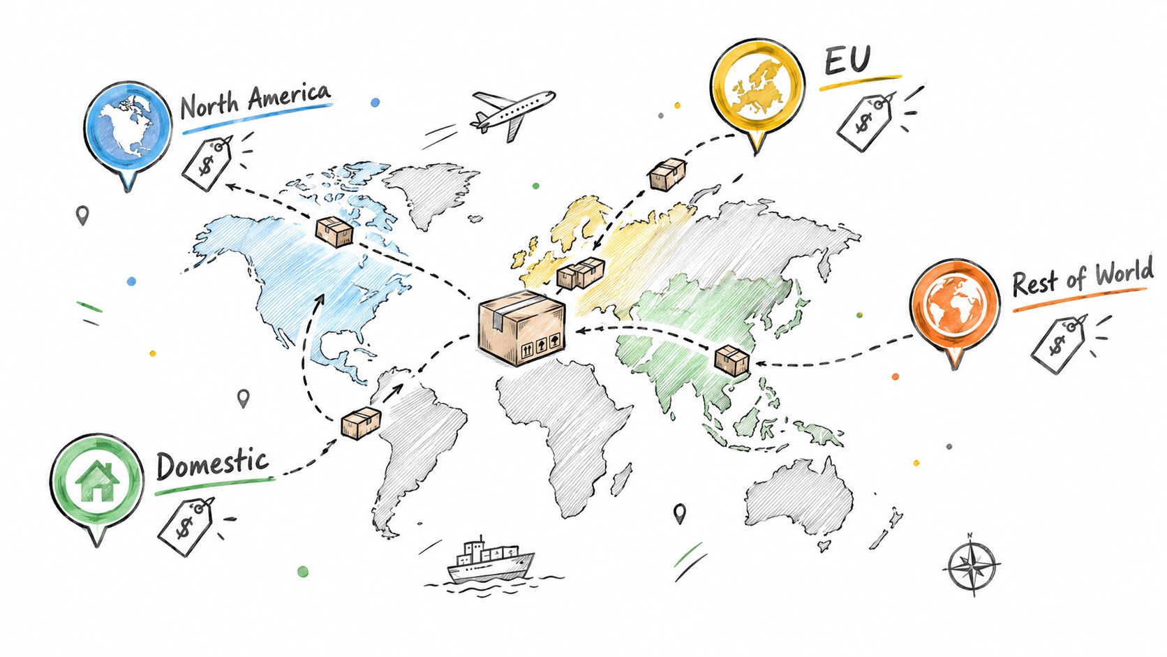 An illustrated map showing global shipping routes from a central package to various international regions like North America and the EU.