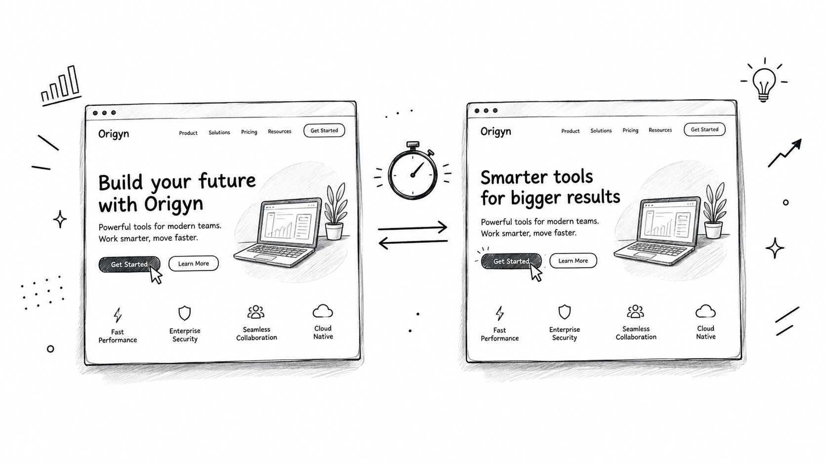 A hand-drawn sketch comparing two website interface design variations for a platform called Origyn for comparison purposes.