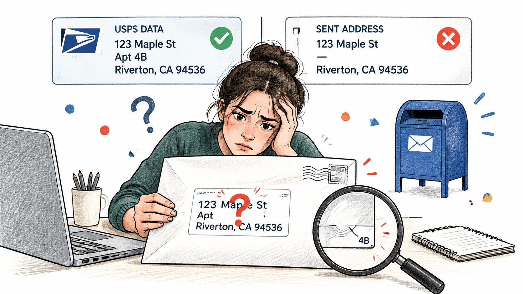 A worried woman checking an incorrectly addressed envelope against USPS data using a magnifying glass at her desk.