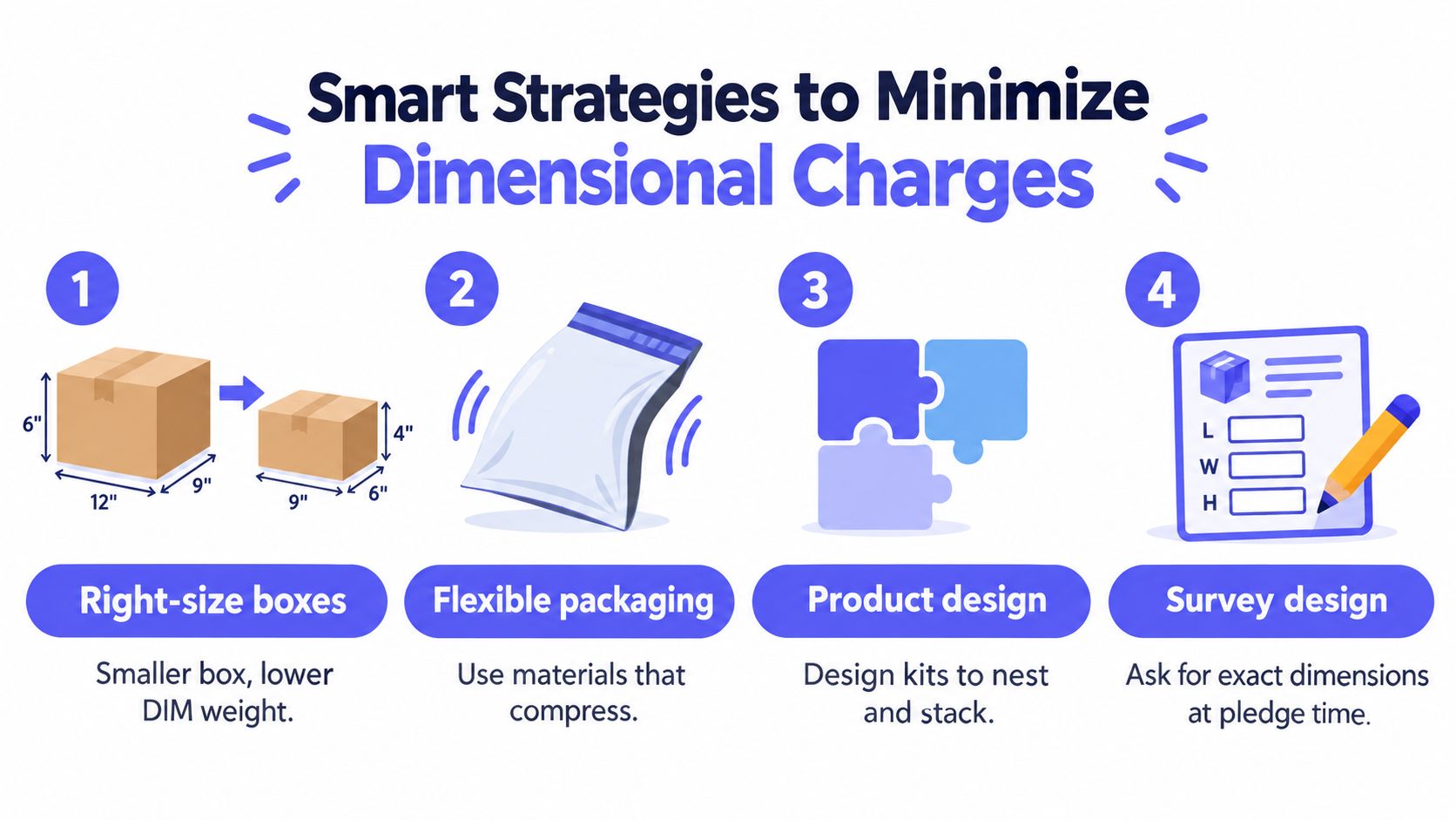 An infographic showing four smart strategies for businesses to reduce shipping dimensional weight costs and improve efficiency.