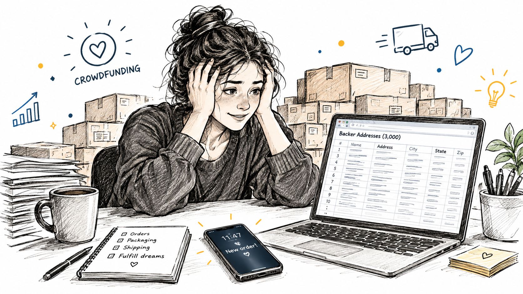 A woman looks stressed at her laptop while surrounded by shipping boxes and order lists for crowdfunding.