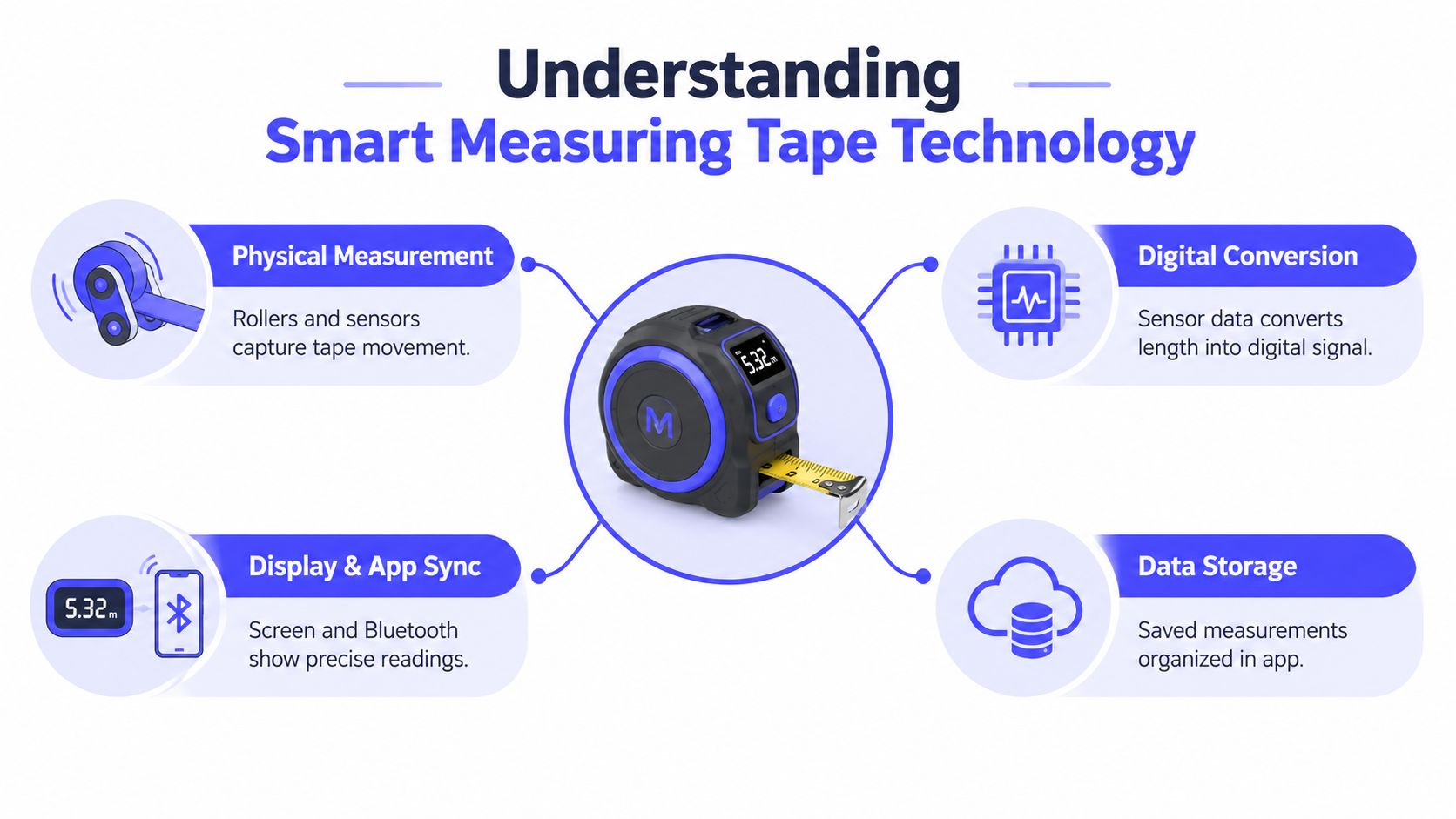 A diagram illustrating how smart measuring tape technology works, showing physical measurement, digital conversion, sync, and storage.