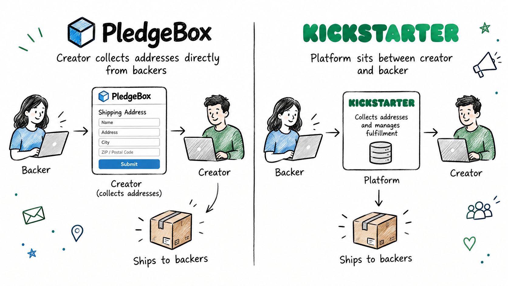 A diagram comparing PledgeBox for direct address collection versus Kickstarter for platform-managed address and fulfillment workflows.