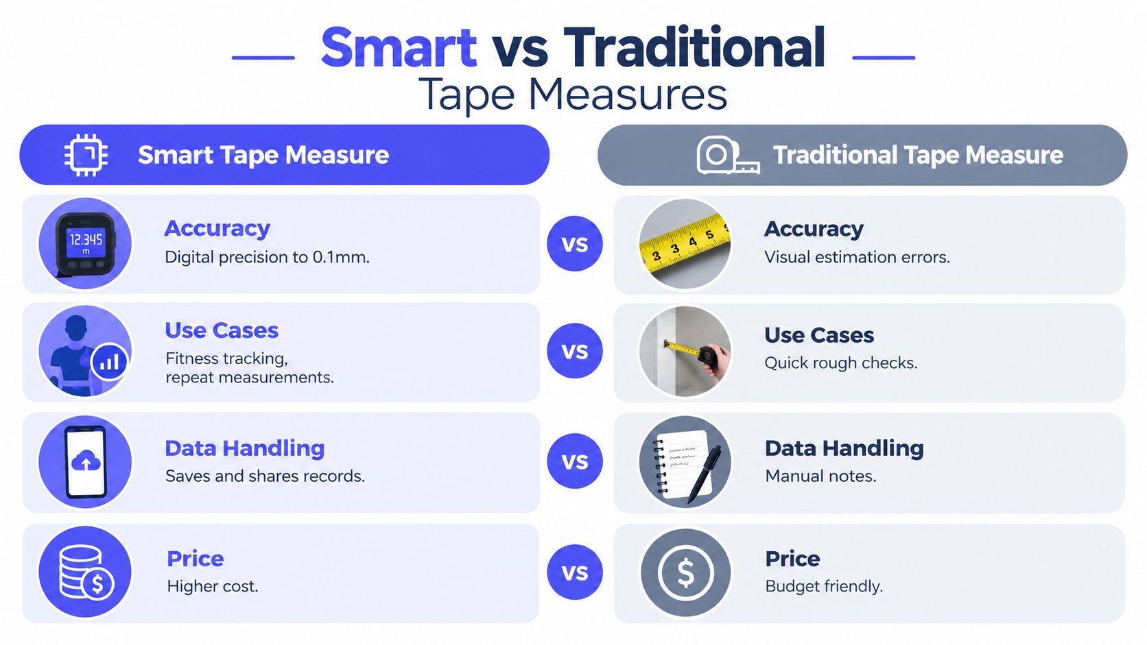 A comparison chart outlining the differences between smart tape measures and traditional tape measures across four categories.