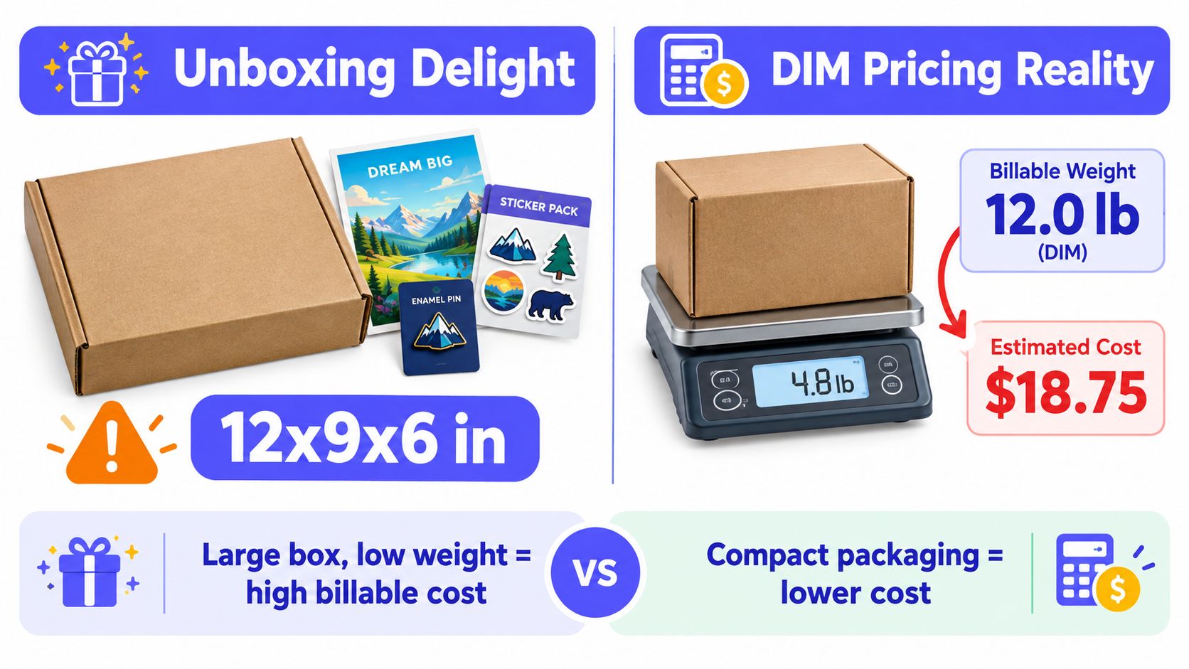 A diagram comparing box size and weight showing how dimensional weight impacts shipping costs for e-commerce packages.